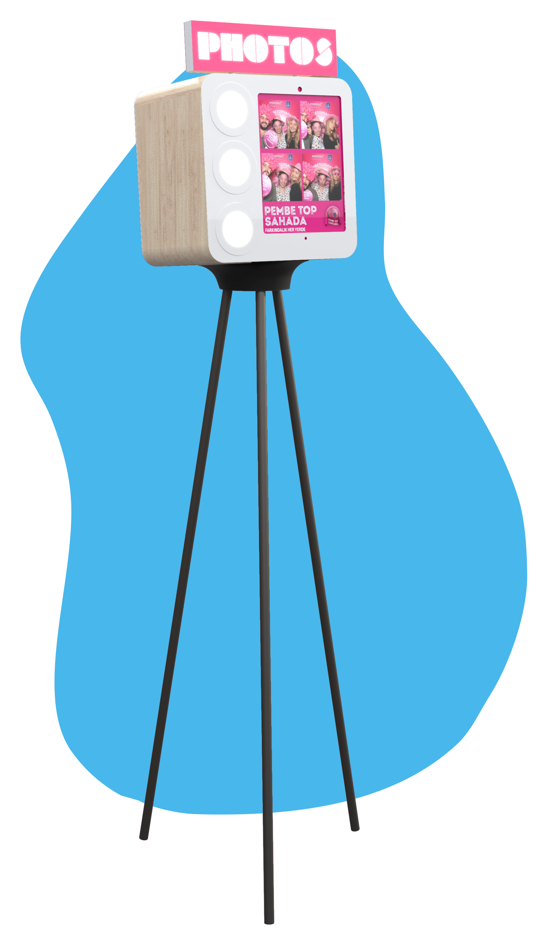 Photobooth Badabooth sur pieds — borne photo vintage en bois avec écran tactile et impression instantanée